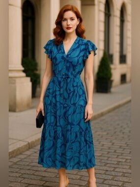 Taylor Teal & Navy Abstract-Print Maxi Dress. Size 8